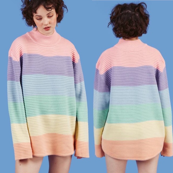 UNIF Frost Pastel Rainbow Striped Oversized Ribbed Mockneck Sweater XS - Picture 2 of 16